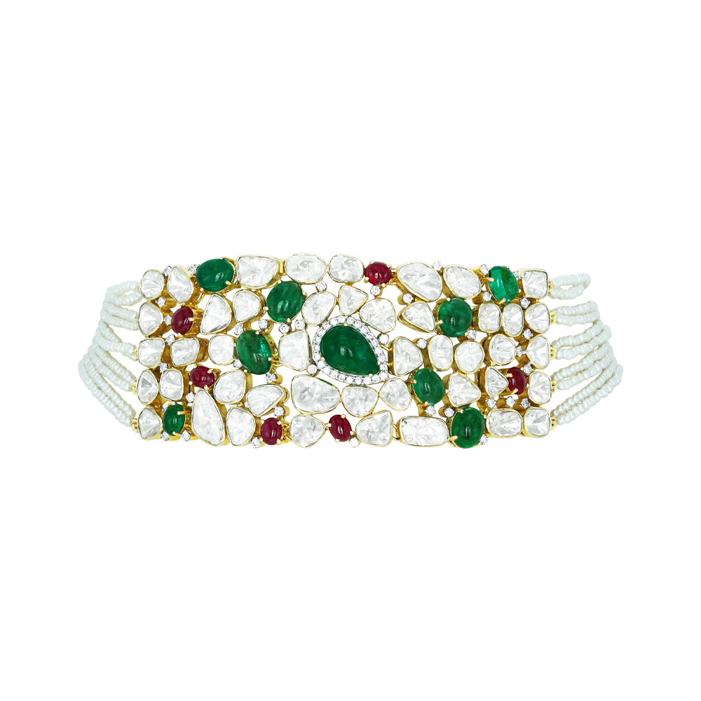 Emerald and Ruby Choker with Polki Diamonds and Pearl Strings